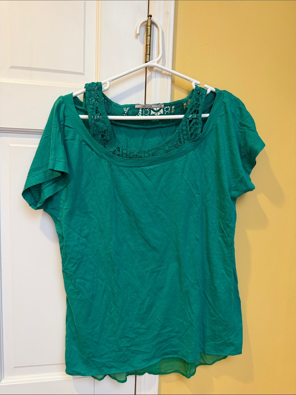 Green Women's Short Sleeve Top with Lace Trim, medium
